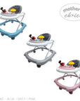 Three baby walkers in blue, gray, and pink with 'Mother's Choice' branding on a white background.