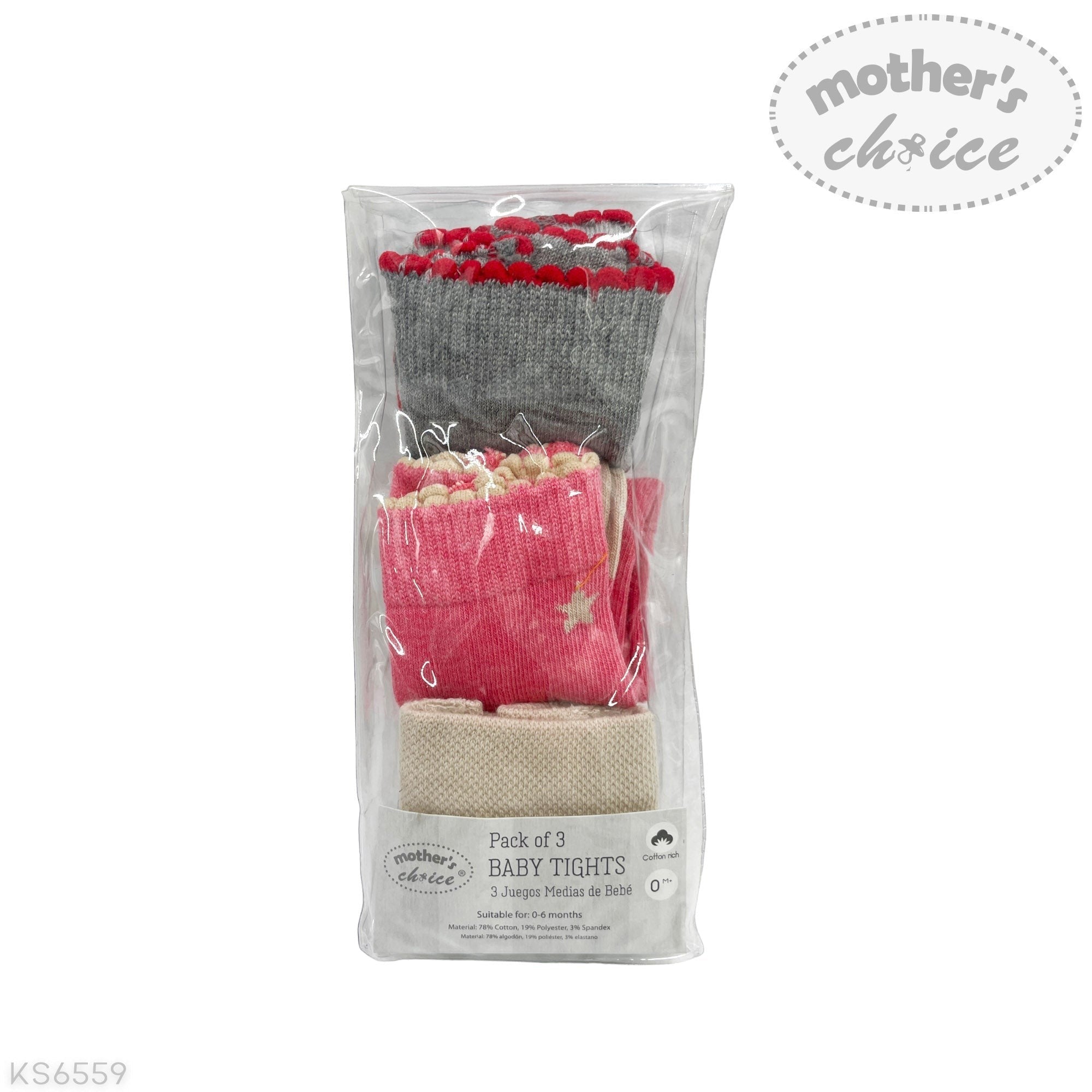 Pack of 3 baby tights in gray, pink, and beige with red accents, branded 'Mother's Choice'.