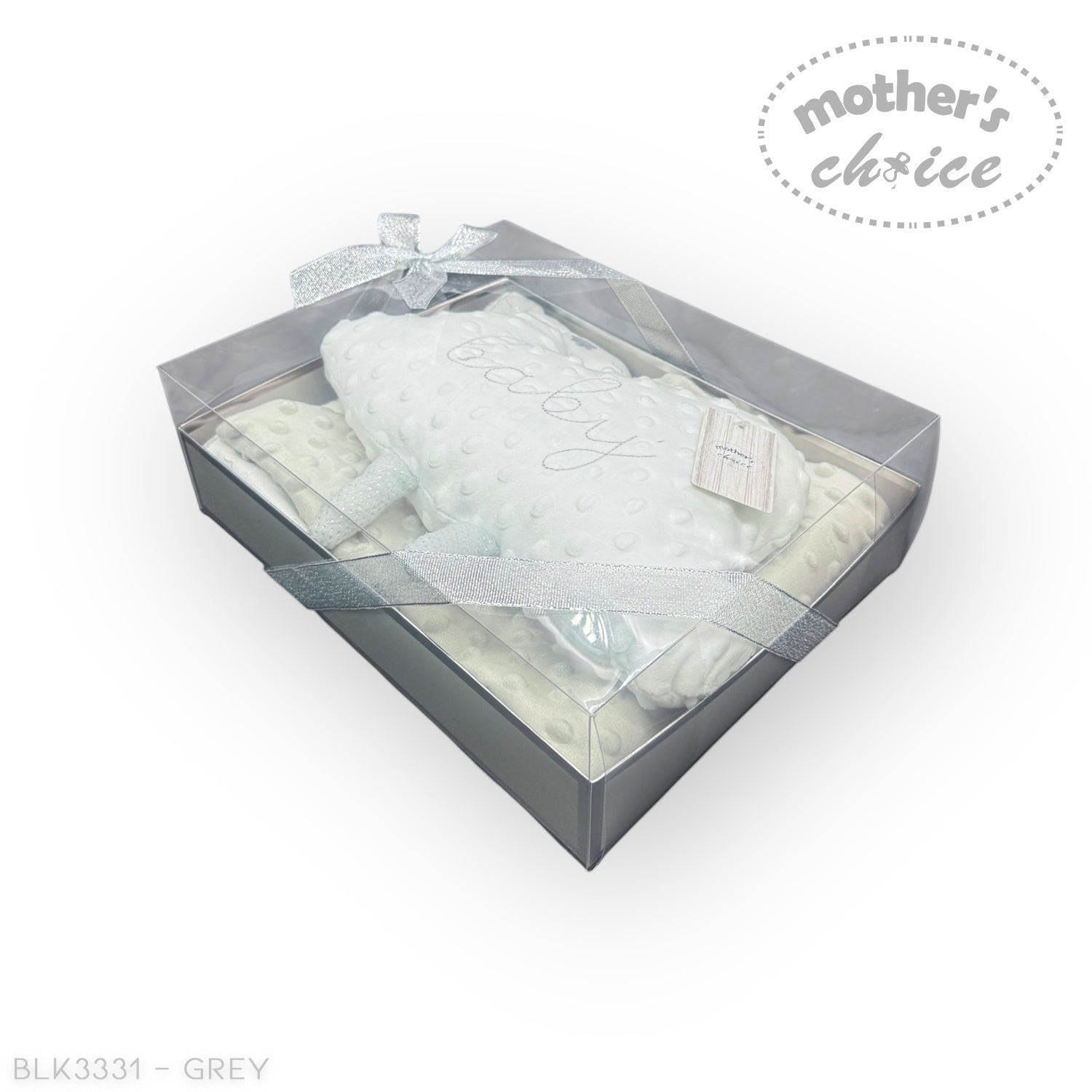 Gift set with baby items in a clear box labeled 'Mother's Choice' on a white background