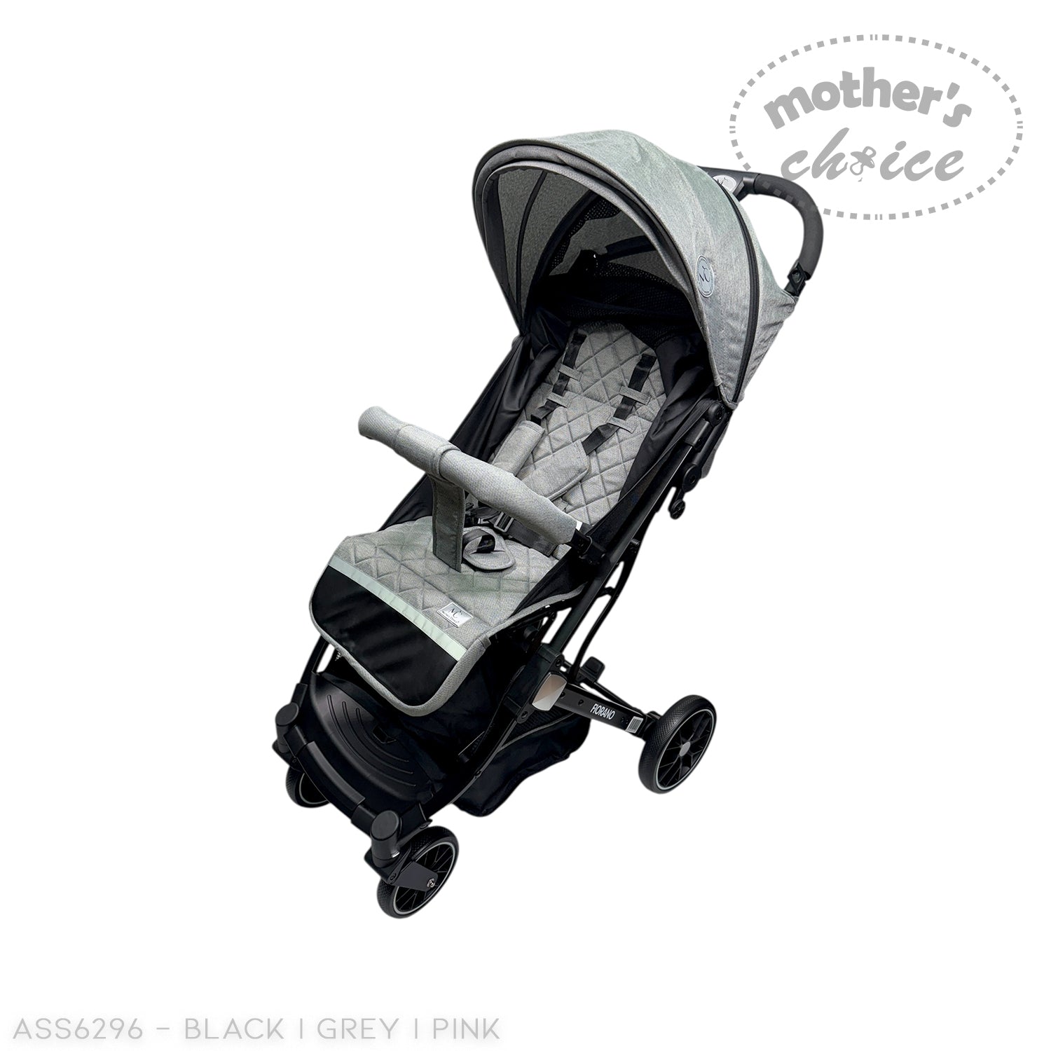 Black and gray stroller with 'Mother's Choice' branding on a white background