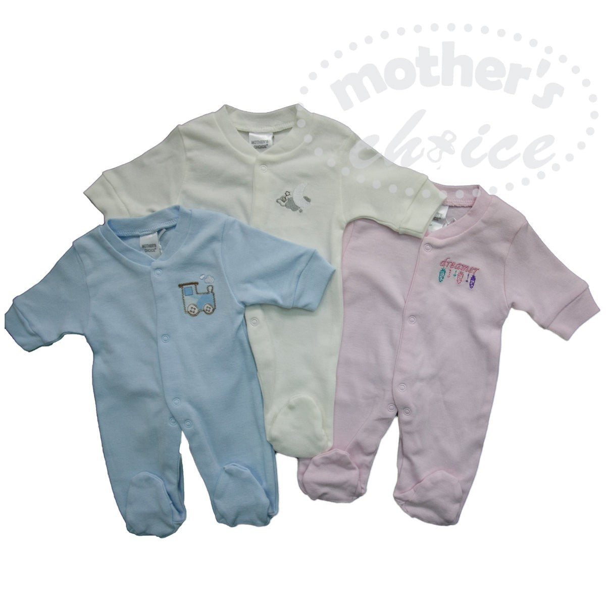 Three baby onesies in blue, white, and pink on a white background with 'Mother's Choice' branding.