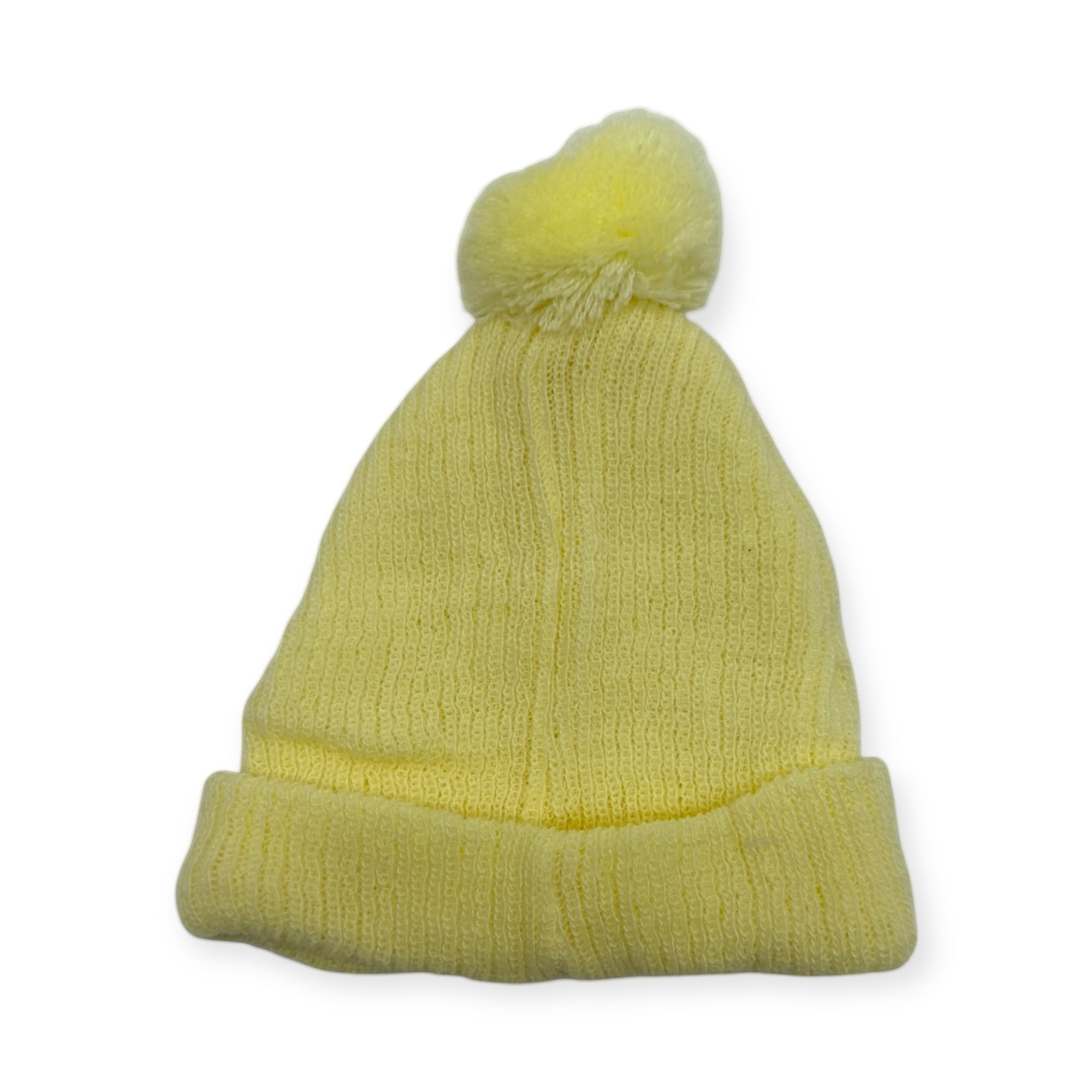 Yellow knit beanie with a pom-pom on a white background