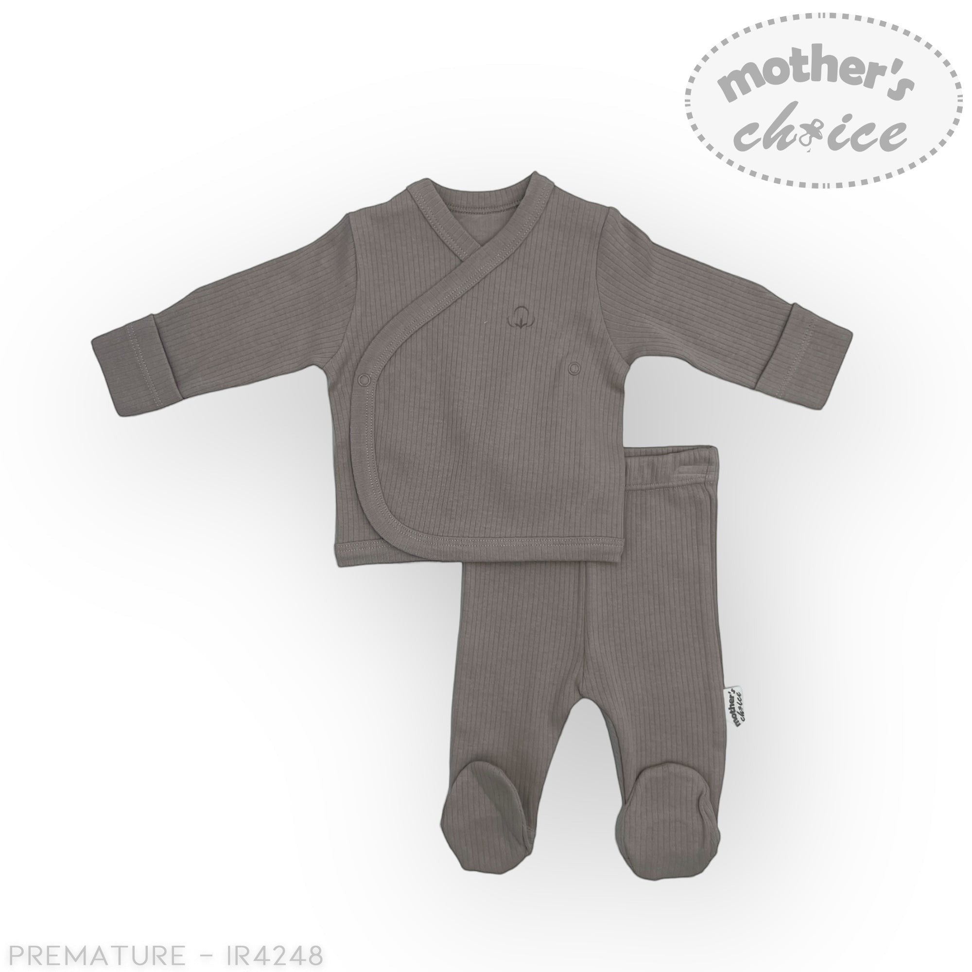 Brown baby outfit with a wrap-style top and matching pants on a white background, branded 'Mother's Choice'.