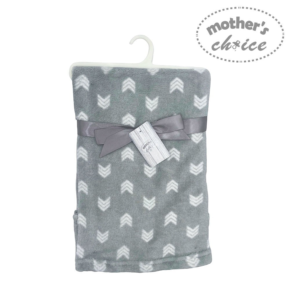Gray baby blanket with white chevron pattern and a bow, branded 'Mother's Choice', on a white background.