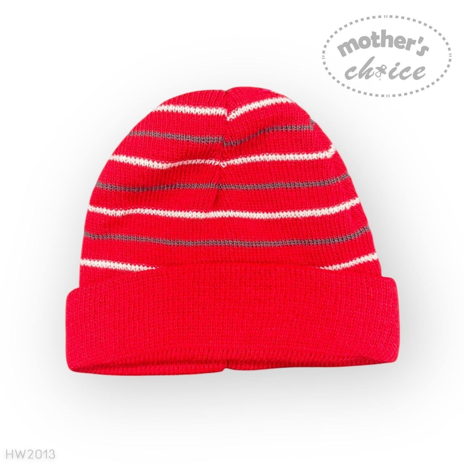 Red and white striped beanie on a white background with 'mother's choice' branding.