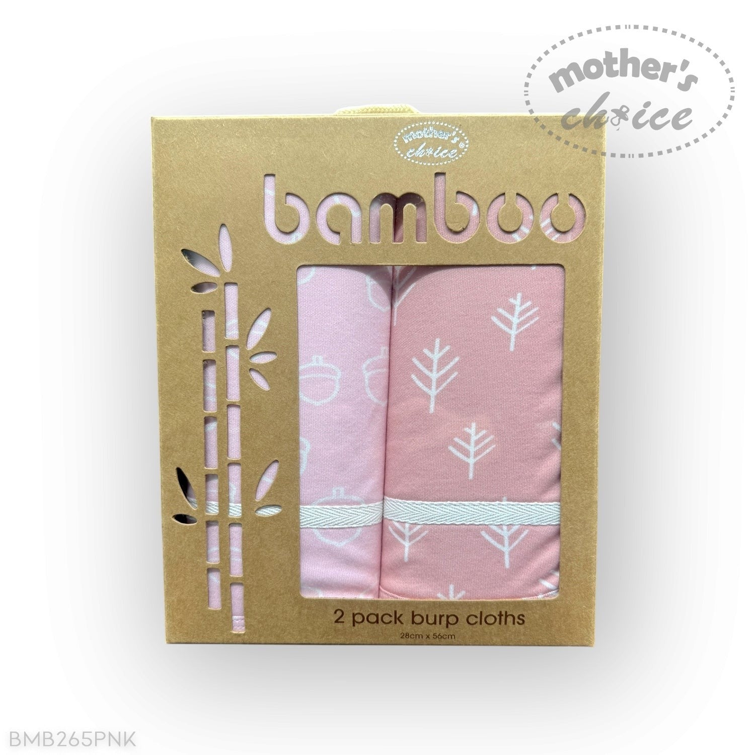 Pack of two bamboo burp cloths in pink with white tree design, branded 'Mother's Choice'.