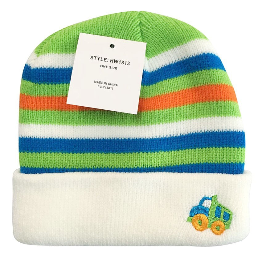 Striped beanie with a toy truck design and tag on a white background