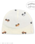 Baby hat with car pattern on a white background, branded 'Mother's Choice'.
