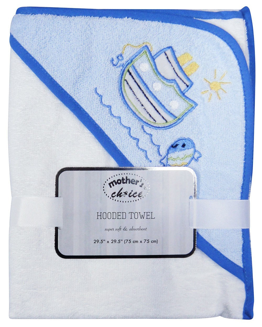 Mothers Choice 100% Cotton Hooded Towel 'Boat' Wht-Blue Hood
