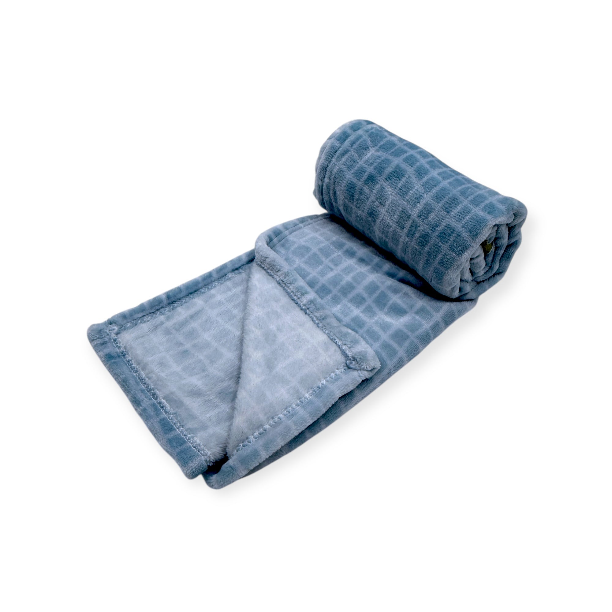 Rolled-up blue towel on a white background
