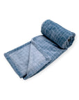 Rolled-up blue towel on a white background