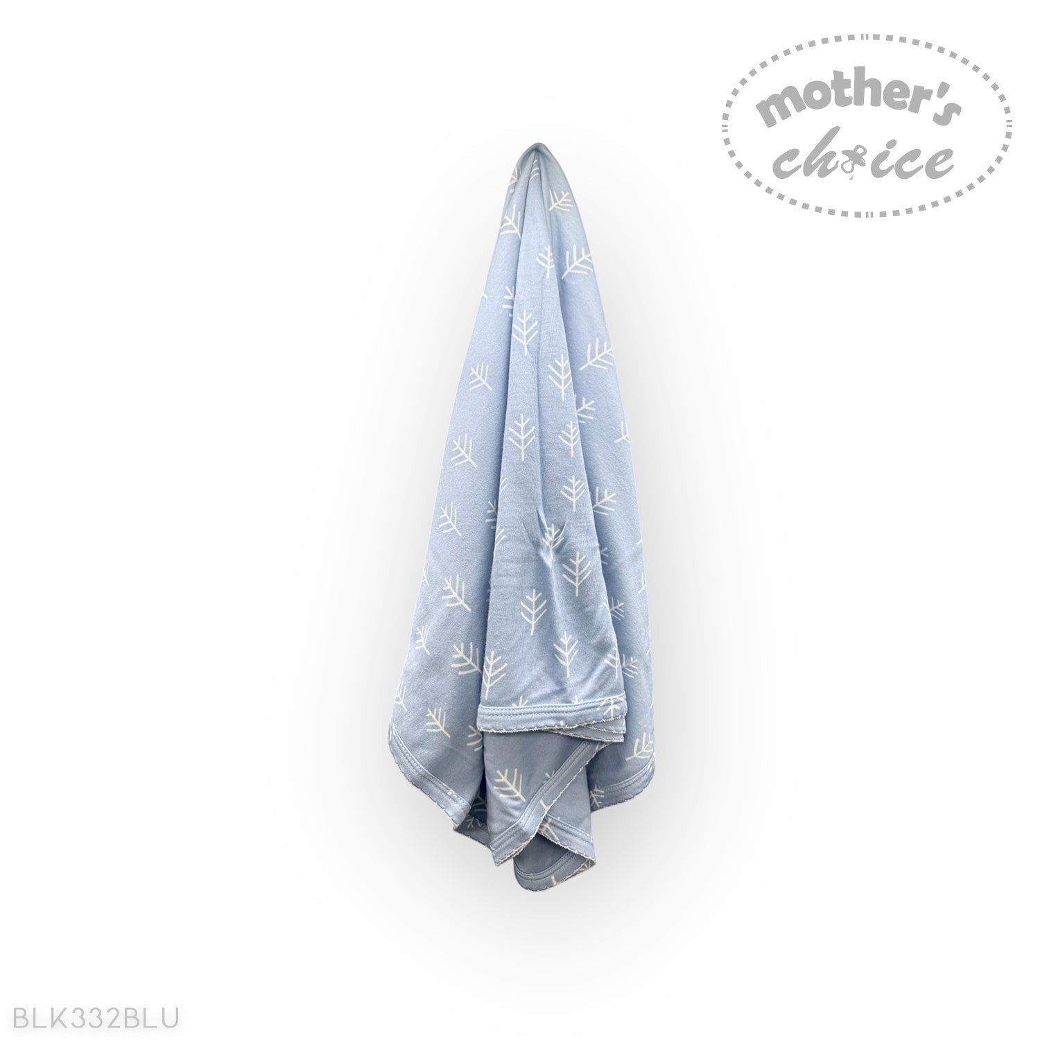 Blue baby blanket with white patterns on a white background, featuring 'mother's choice' branding.