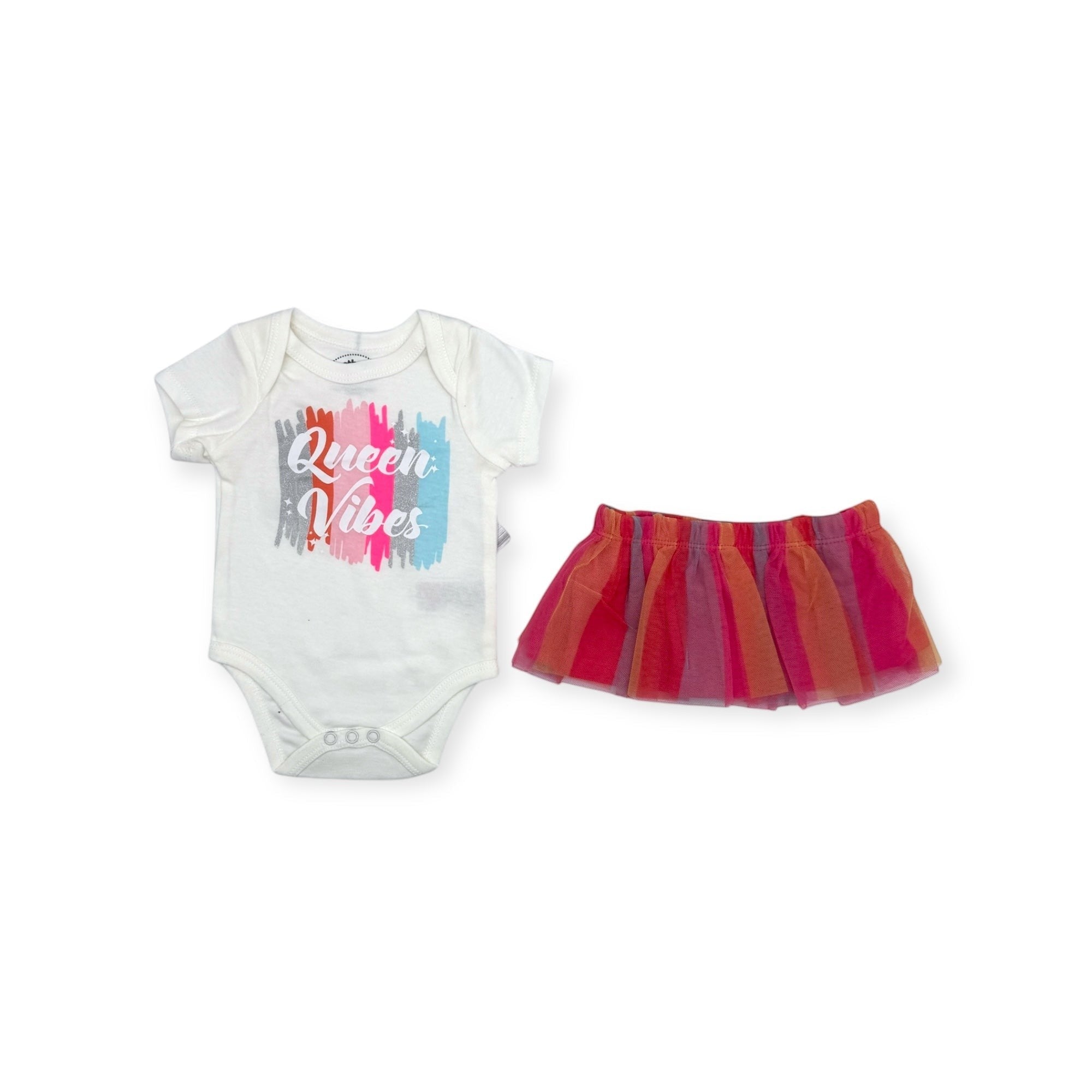 Baby onesie with 'Queen Vibes' text and a colorful tutu skirt on a white background