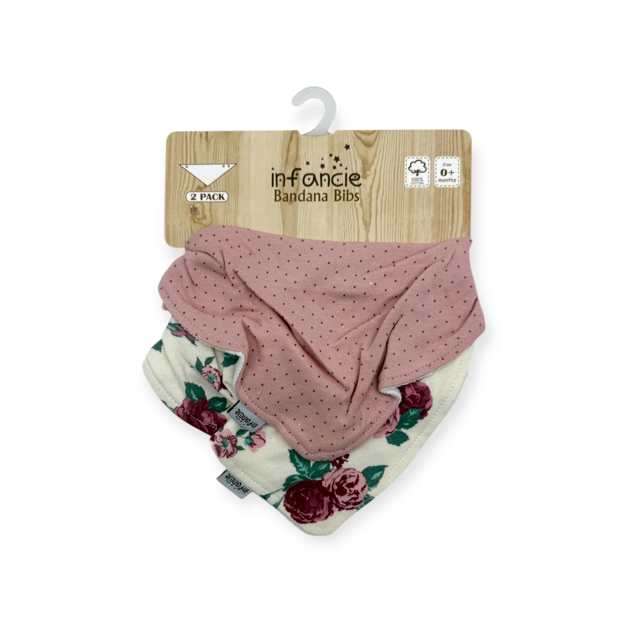 Two baby bandana bibs on a wooden hook with 'infancie' branding.