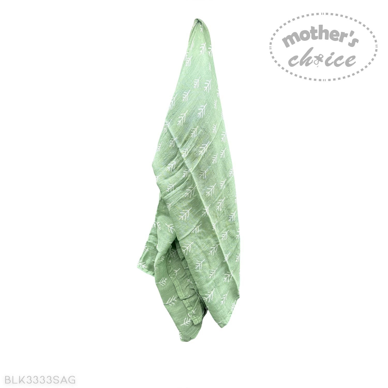 Green baby blanket with white patterns on a white background, branded 'Mother's Choice'.