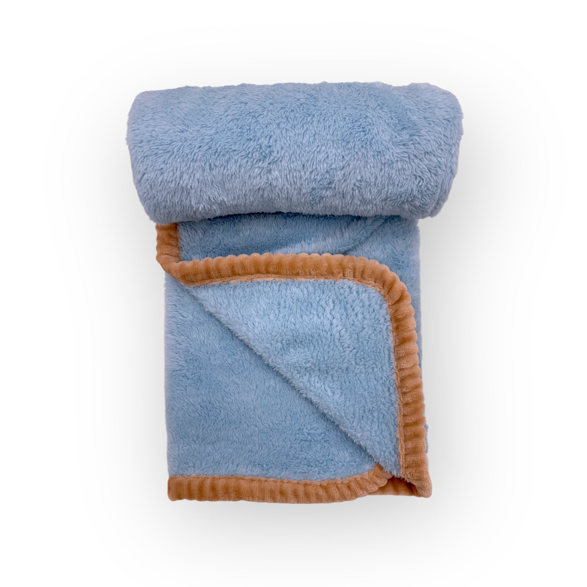 Folded blue blanket with brown trim on a white background