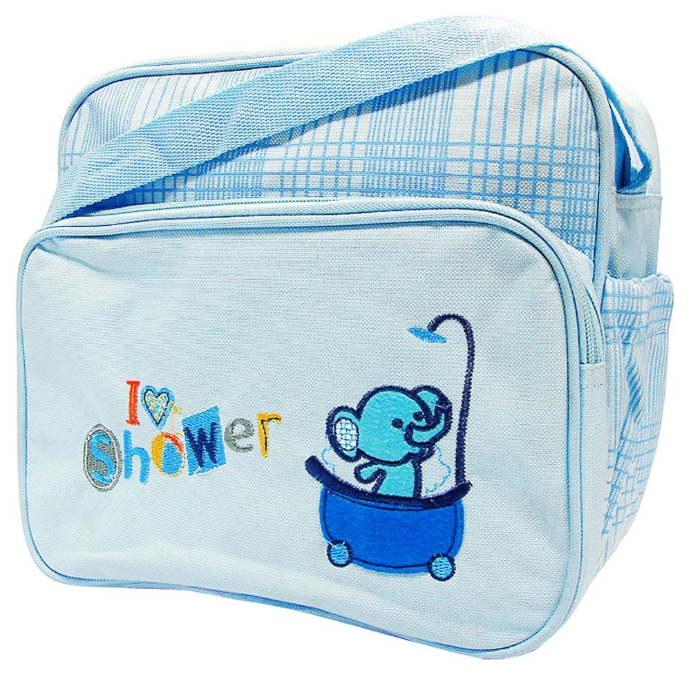 Blue toiletry bag with an embroidered elephant and text on a white background