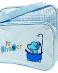 Blue toiletry bag with an embroidered elephant and text on a white background