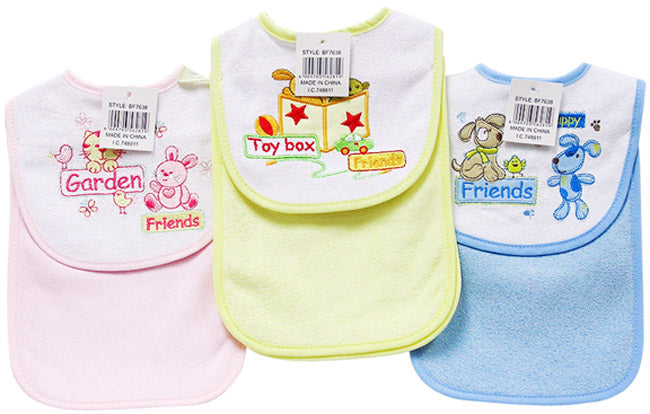 Three baby bibs with different designs on a white background