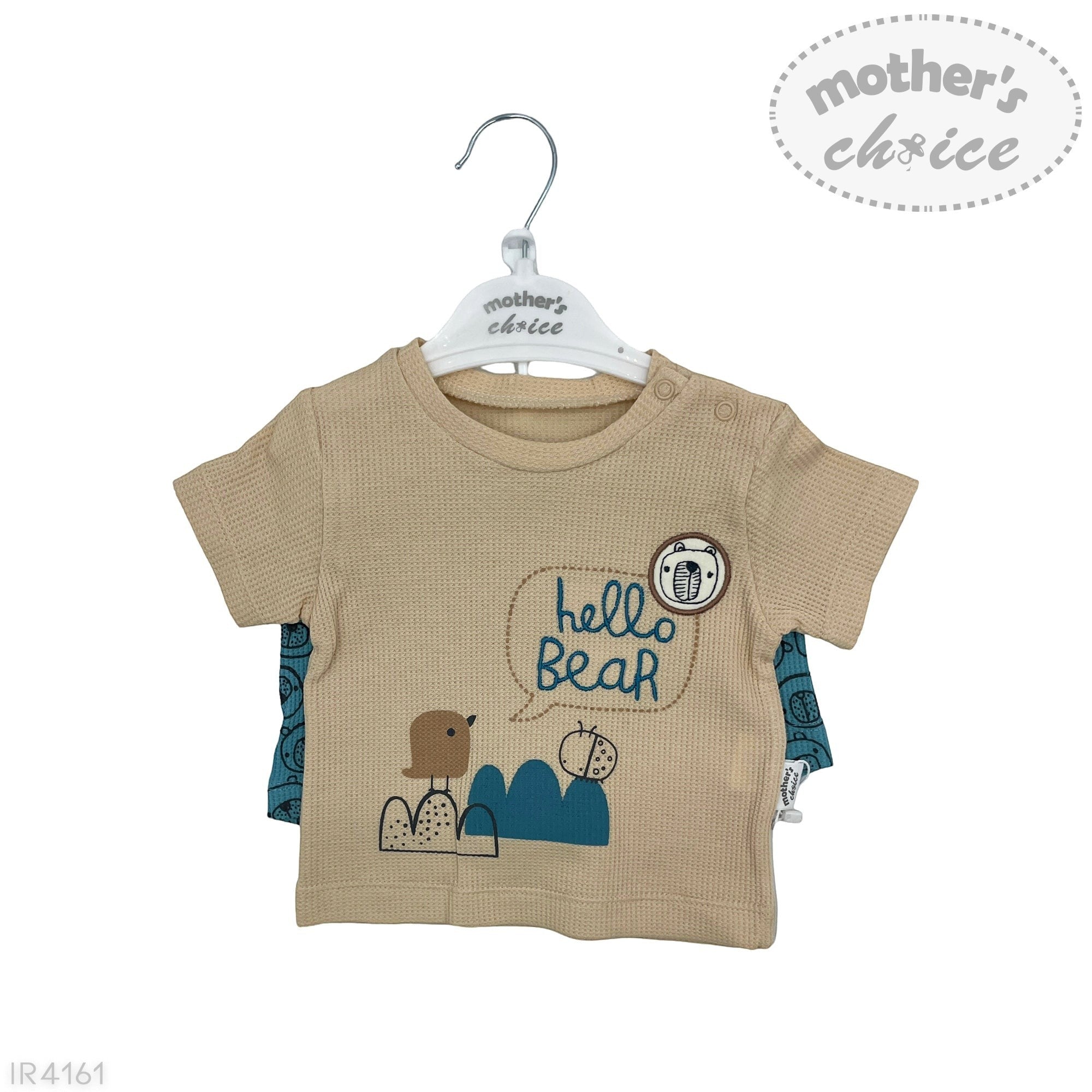 Beige t-shirt with 'hello bear' design on a hanger with 'mother's choice' label.