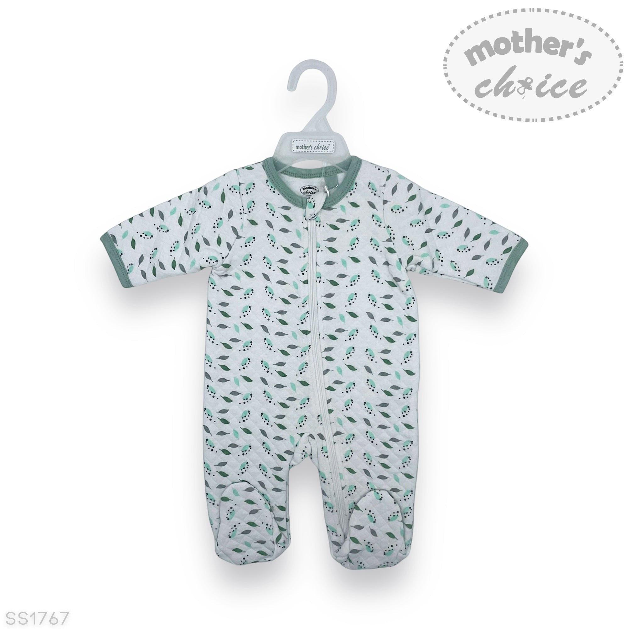 Baby onesie with floral pattern on a hanger against a white background