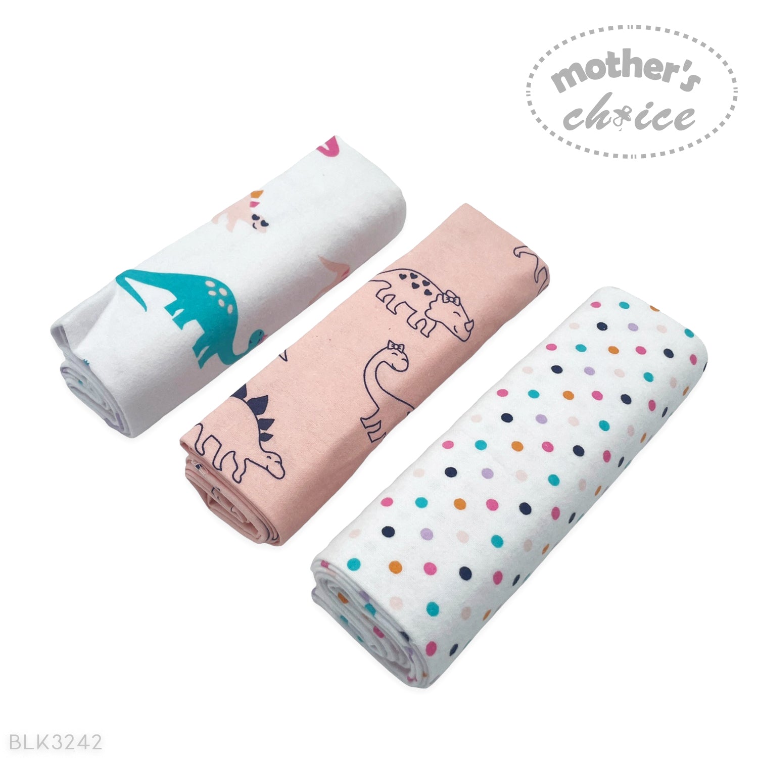 Three baby swaddle blankets with different patterns on a white background, featuring the brand 'Mother's Choice'.