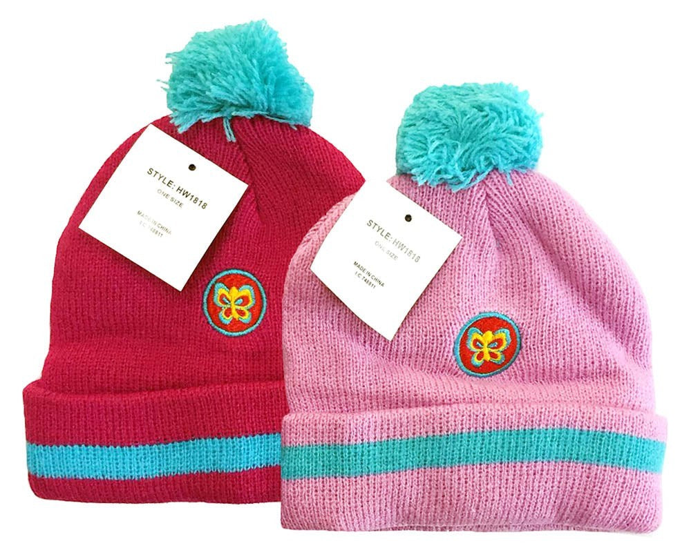 Two colorful beanies with pom-poms and butterfly logos on a white background