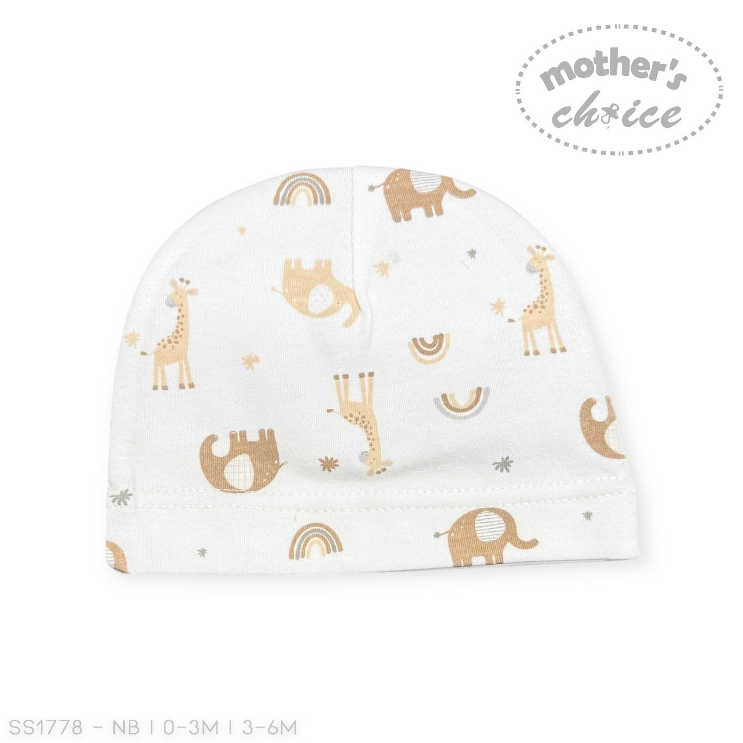 Baby hat with animal patterns on a white background, branded 'Mother's Choice'.