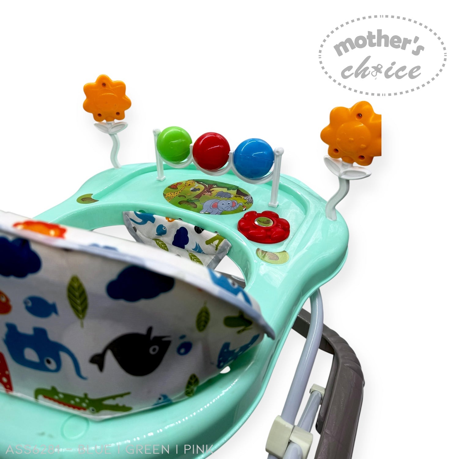 Baby walker with colorful toys and a 'Mother's Choice' label on a white background
