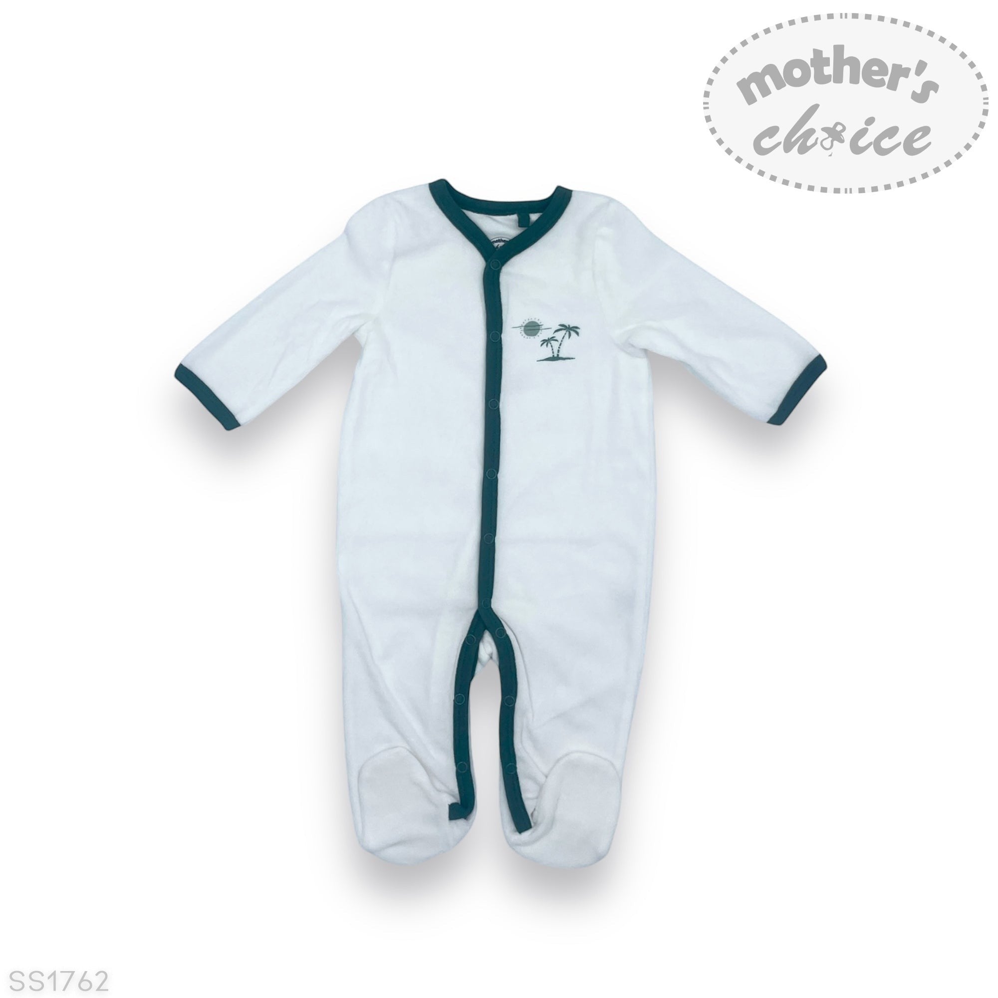 White baby onesie with green trim on a white background, featuring 'mother's choice' branding.