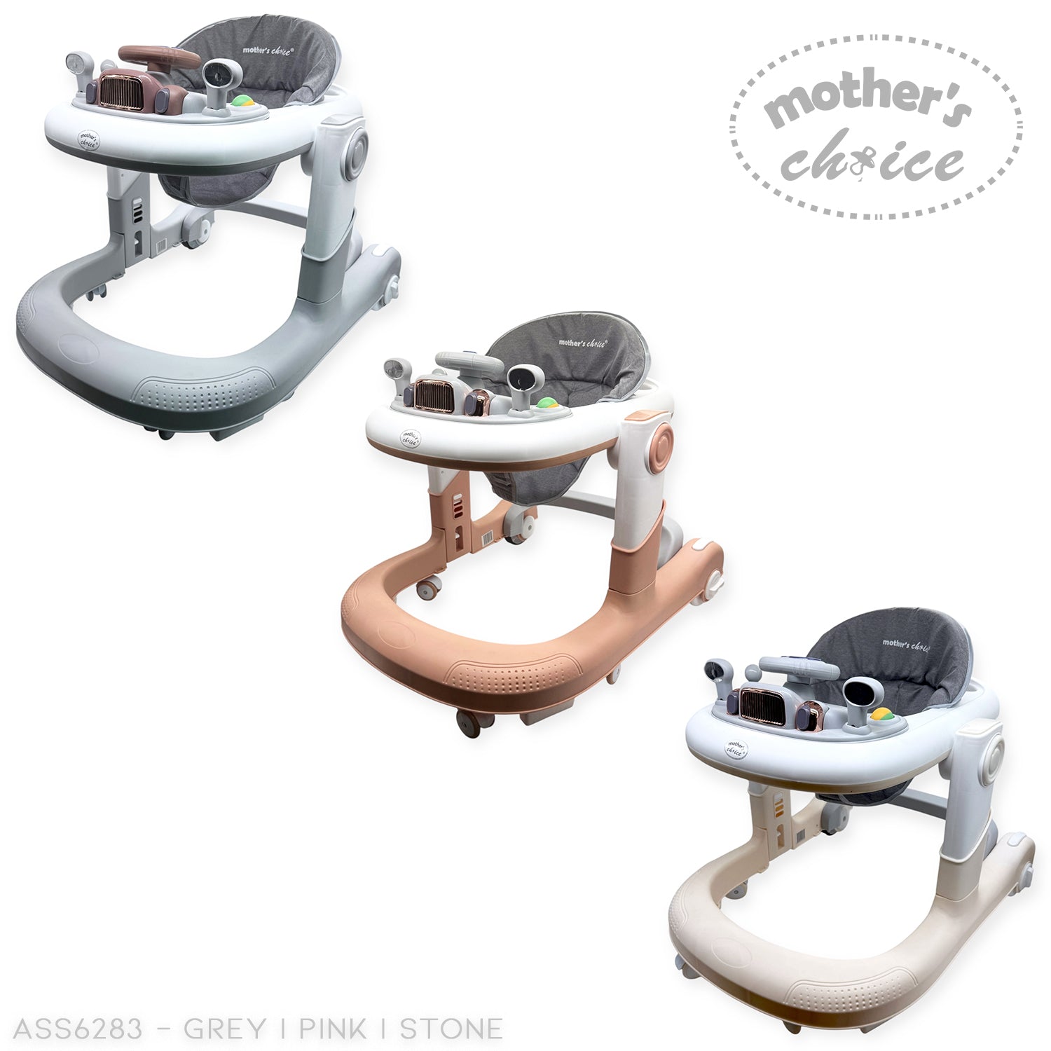 Three baby walkers in grey, pink, and stone color options on a white background with 'Mother's Choice' branding.
