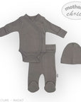 Gray baby onesie and hat set with 'Mother's Choice' branding on a white background
