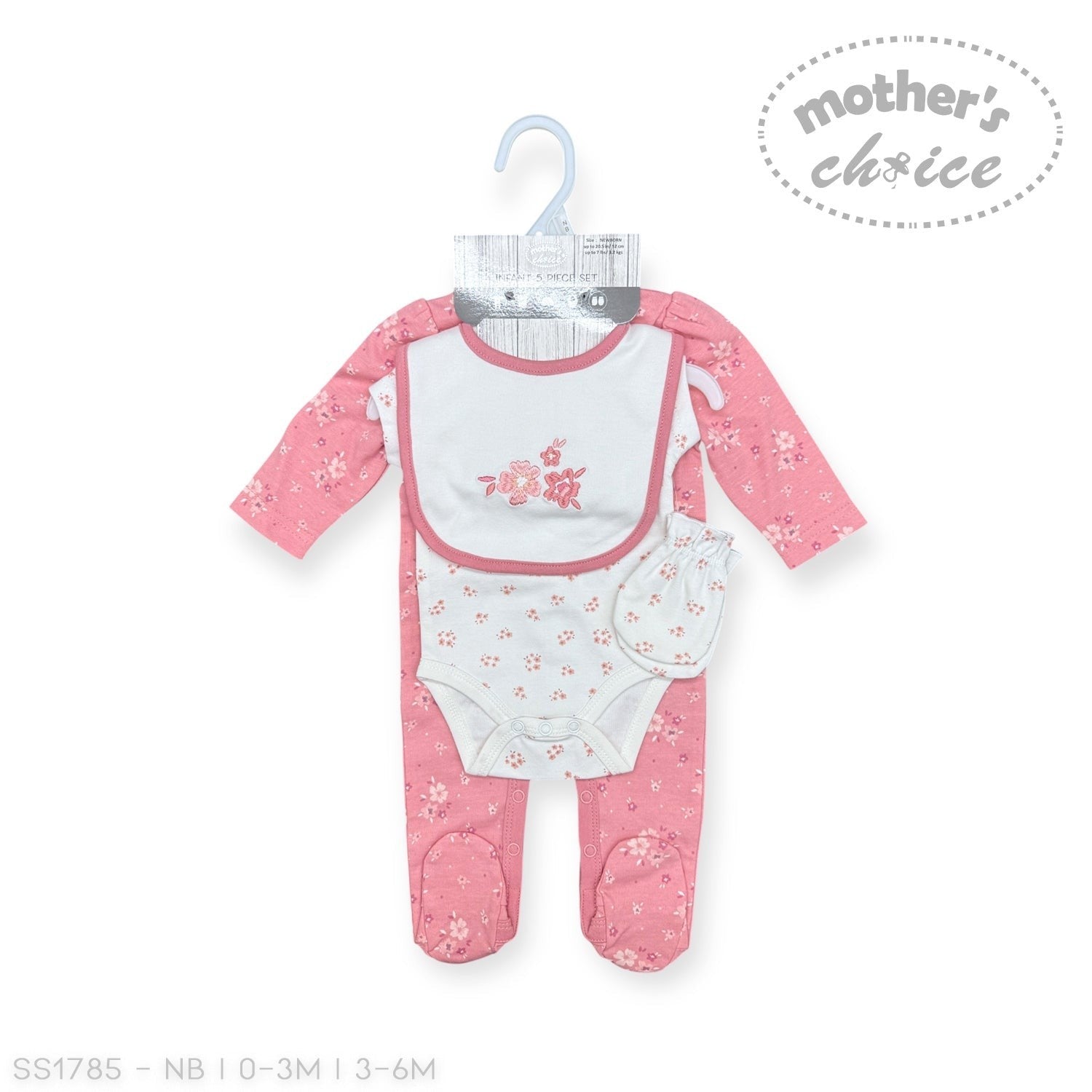 Pink baby onesie with white bib on a hanger against a white background, featuring 'Mother's Choice' branding.