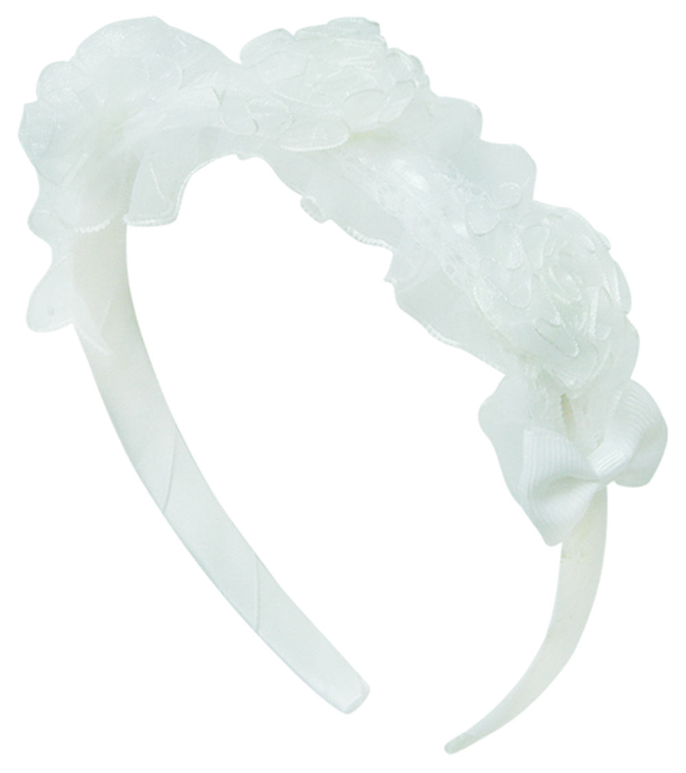 Mothers Choice Girls Alice Band White Organza Roses And Bows