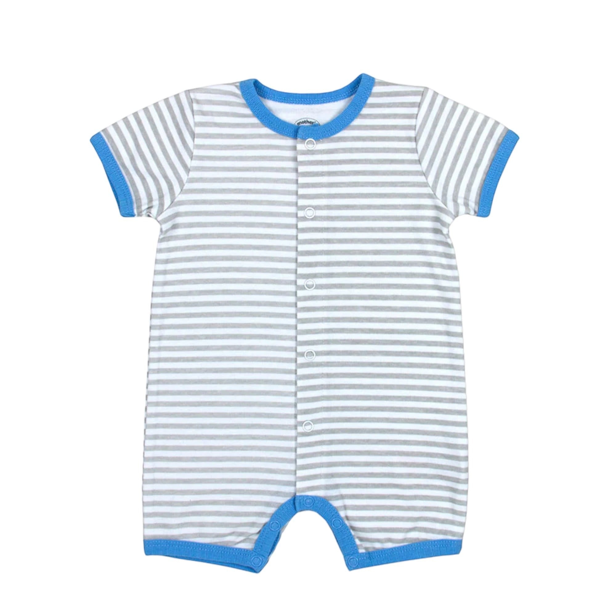 Striped baby romper with blue trim on a white background