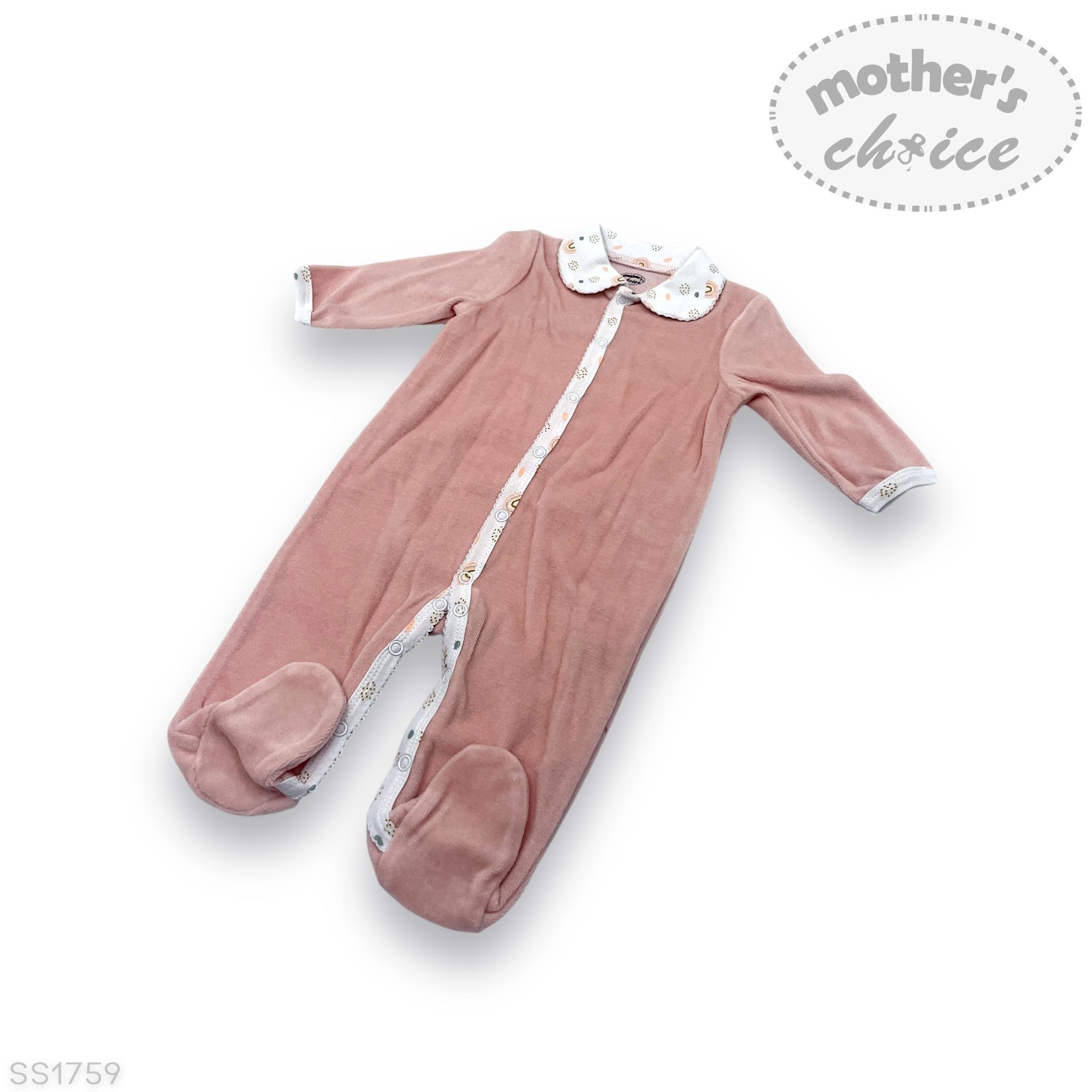 Pink baby onesie with white trim on a white background, featuring 'Mother's Choice' branding.