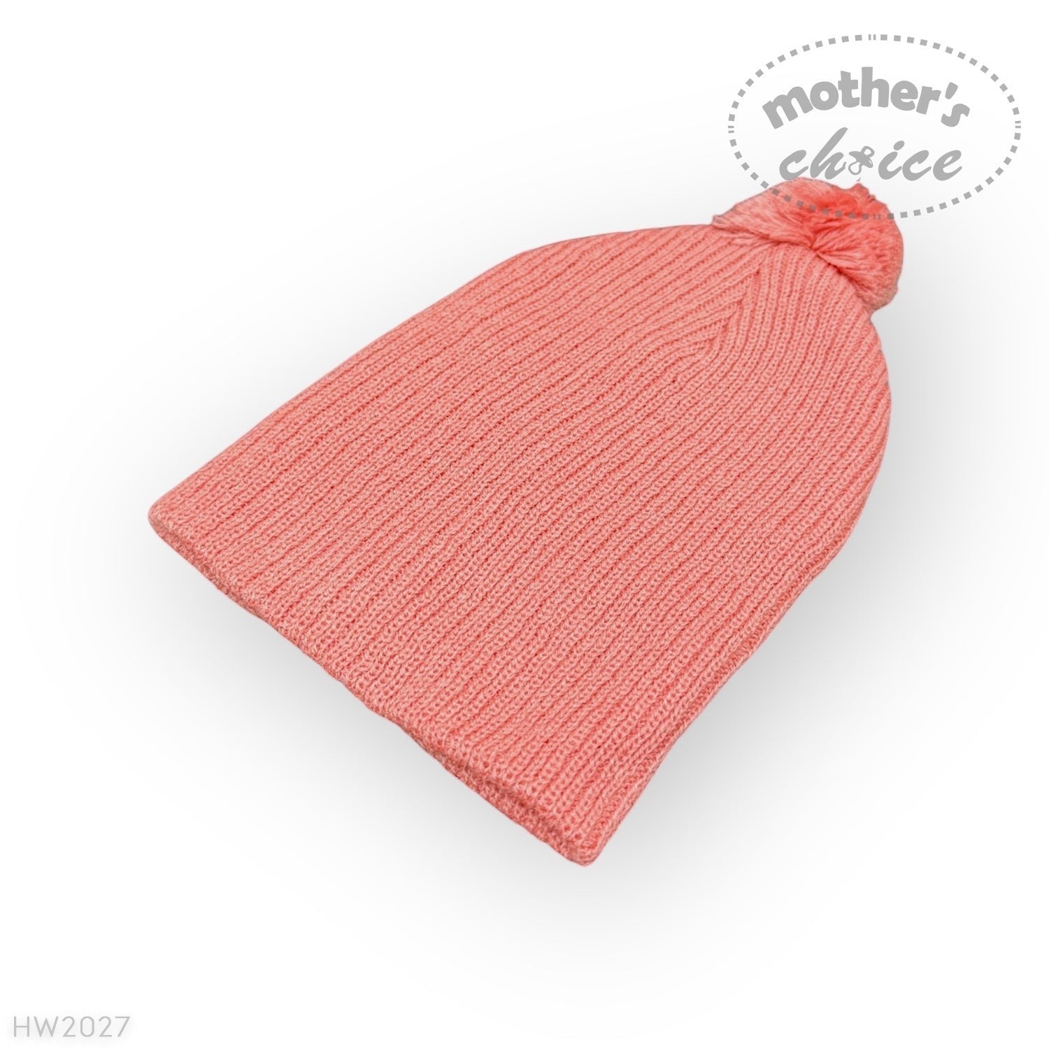 Coral knit beanie with a pom-pom on a white background, branded 'Mother's Choice'.