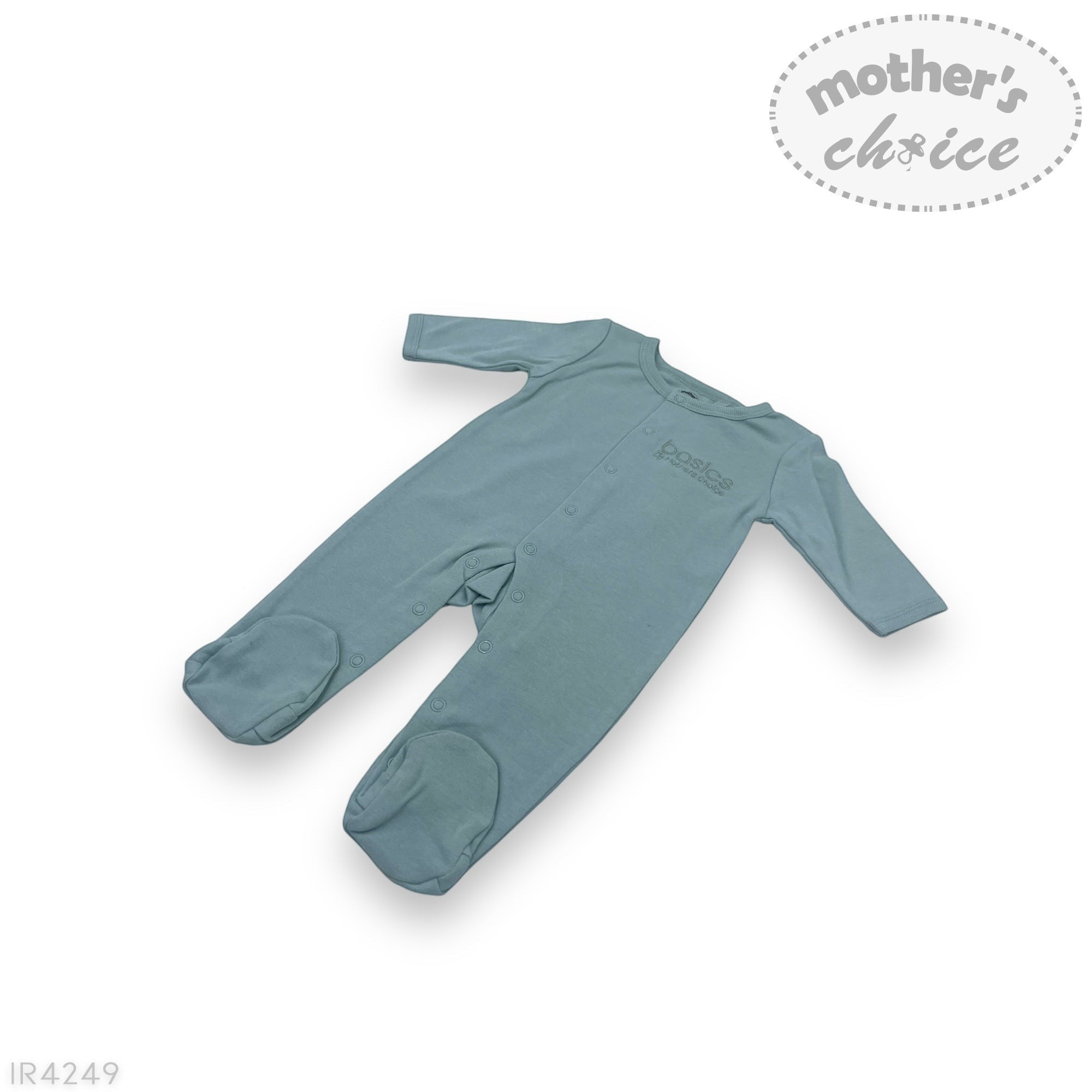 Blue baby onesie with 'mother's choice' branding on a white background