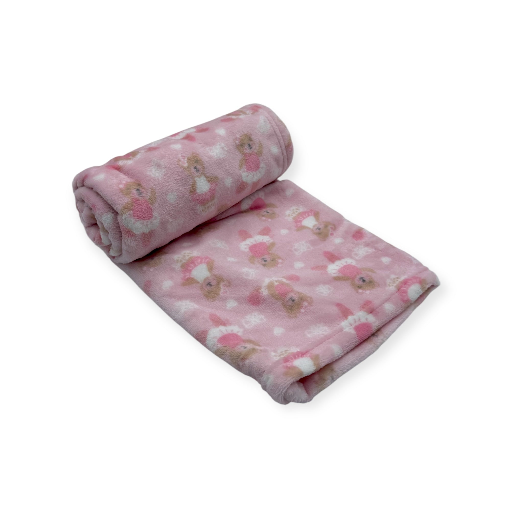 Pink blanket with teddy bear pattern on a white background