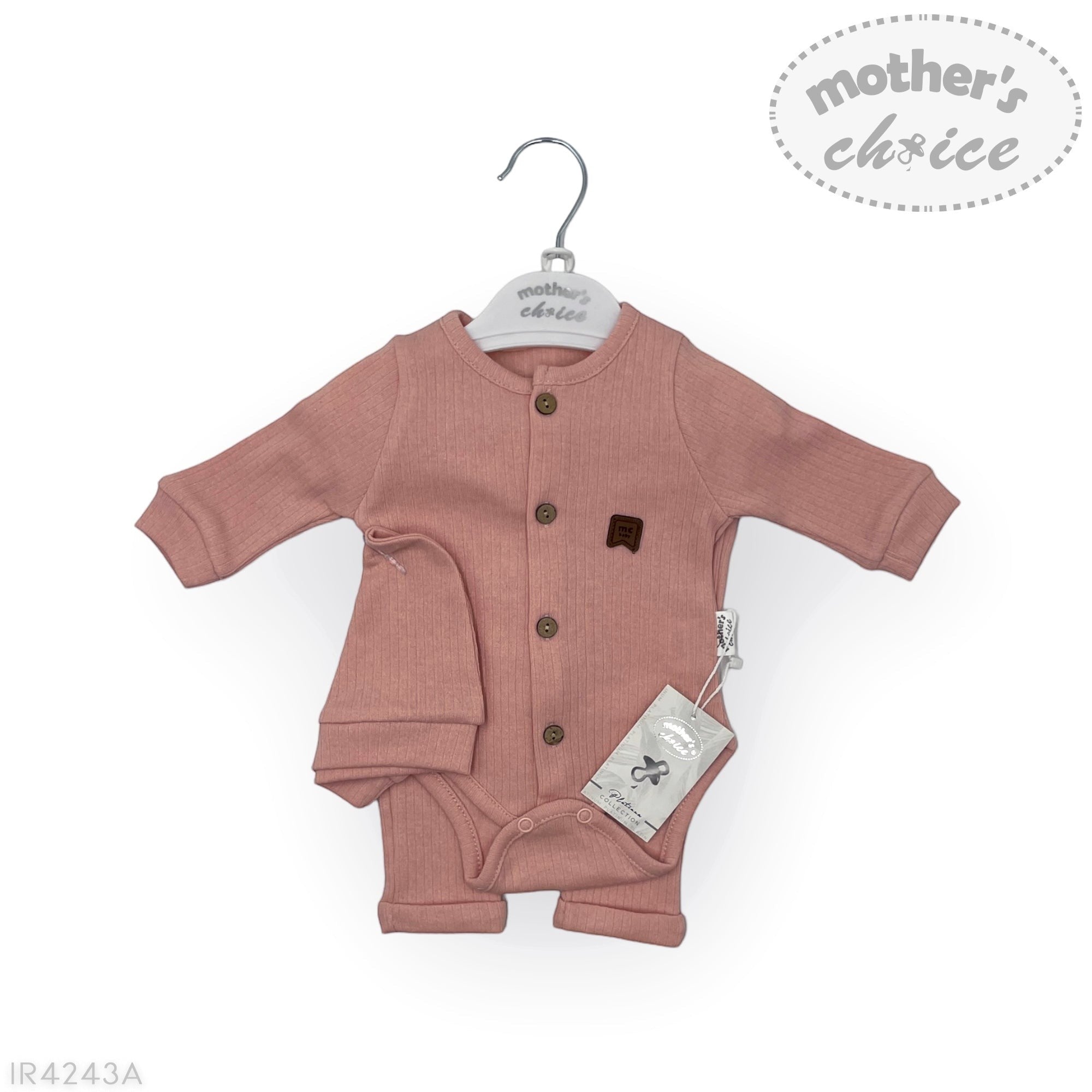 Baby romper with buttons on a hanger against a white background, featuring 'mother's choice' branding.