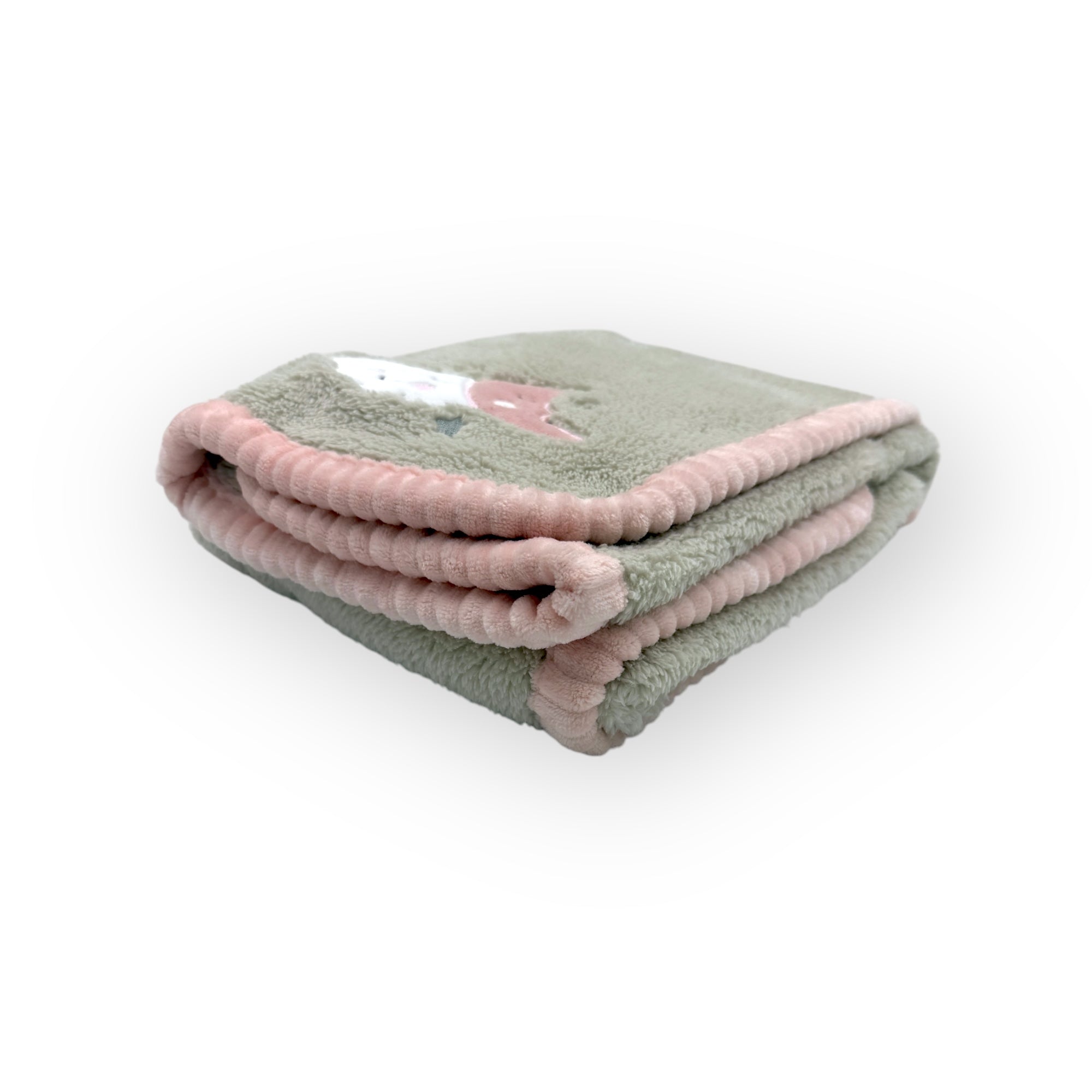 Folded gray blanket with pink trim on a white background