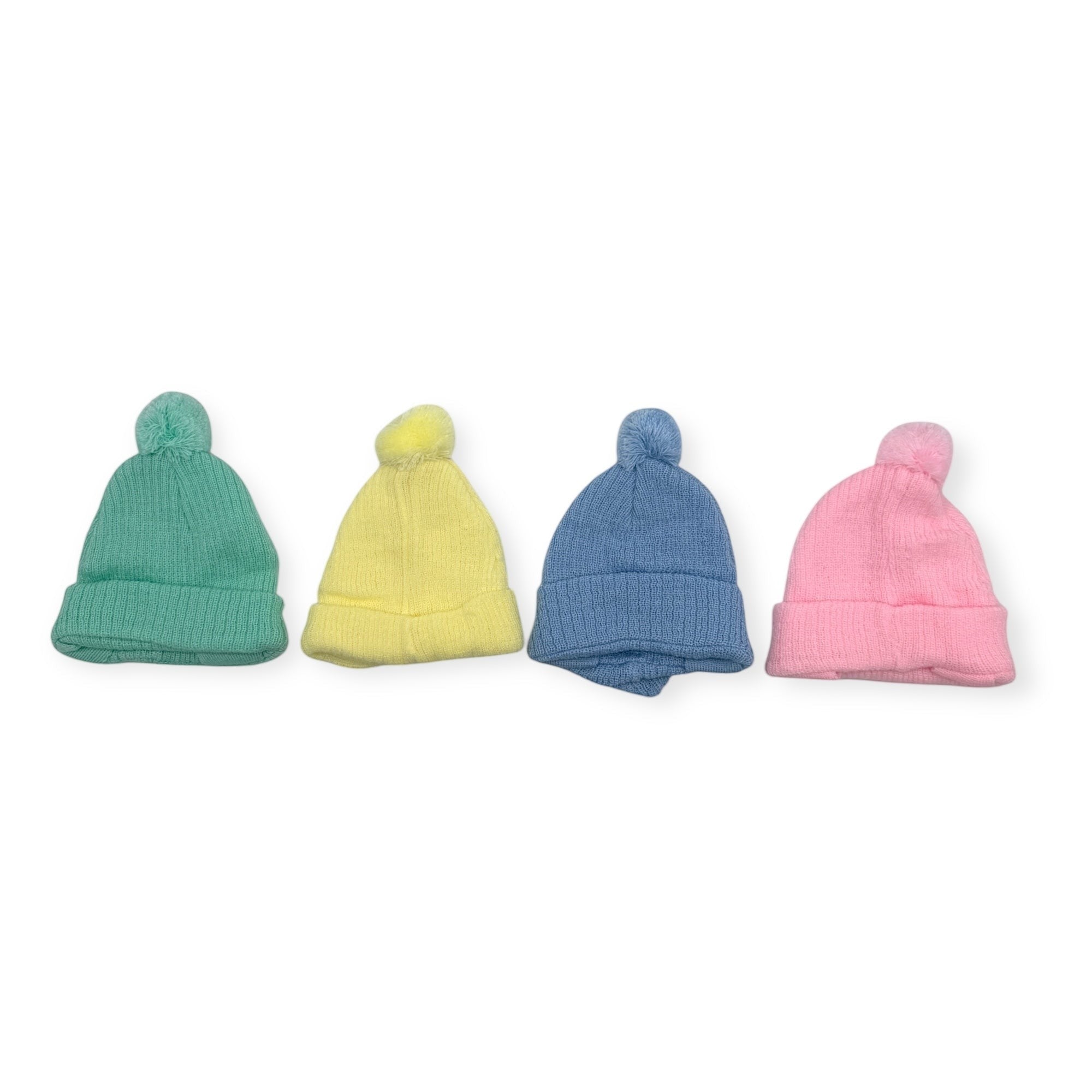 Four colorful beanies (green, yellow, blue, pink) on a white background