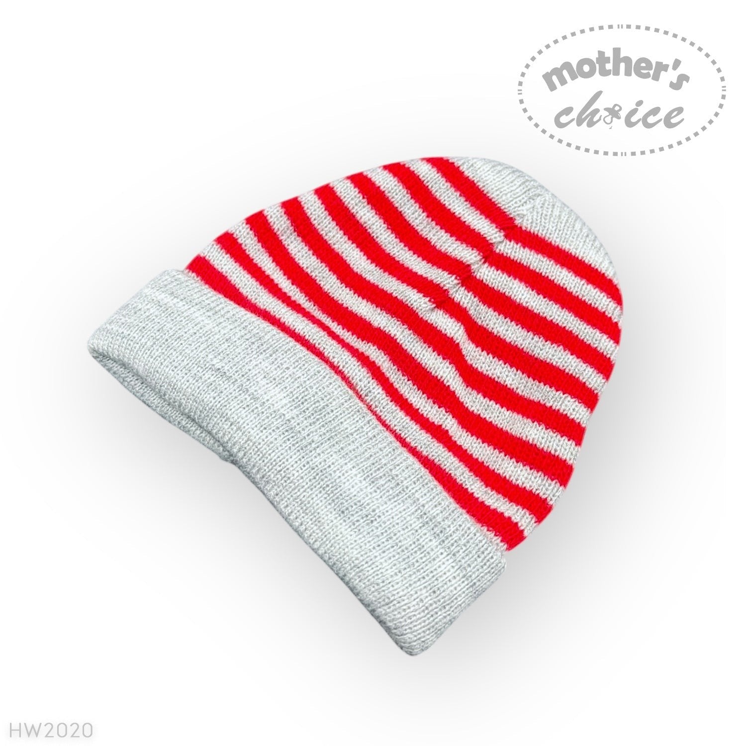Knitted beanie with red and gray stripes on a white background, featuring 'mother's choice' branding.