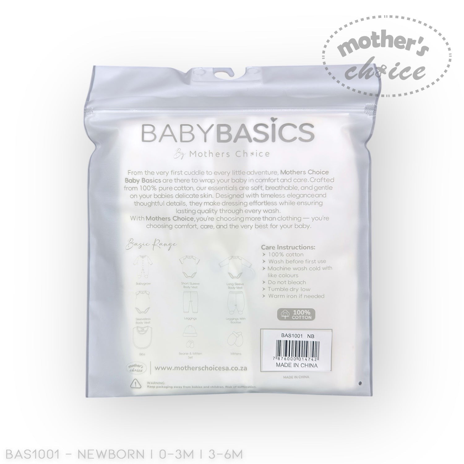 Baby basics packaging with 'Mother's Choice' branding on a white background
