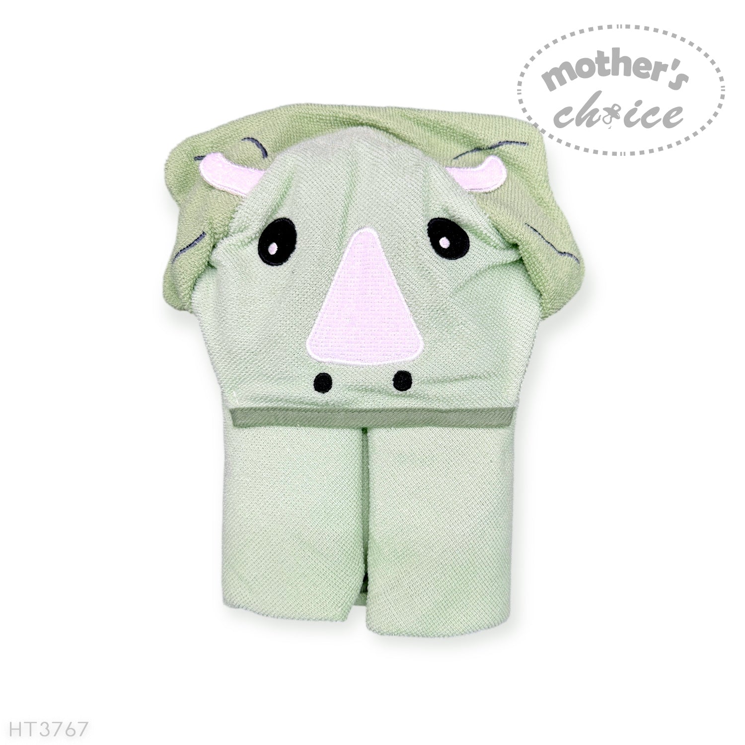 Green rhino-shaped hooded towel with cartoon face on a white background, branded 'Mother's Choice'.