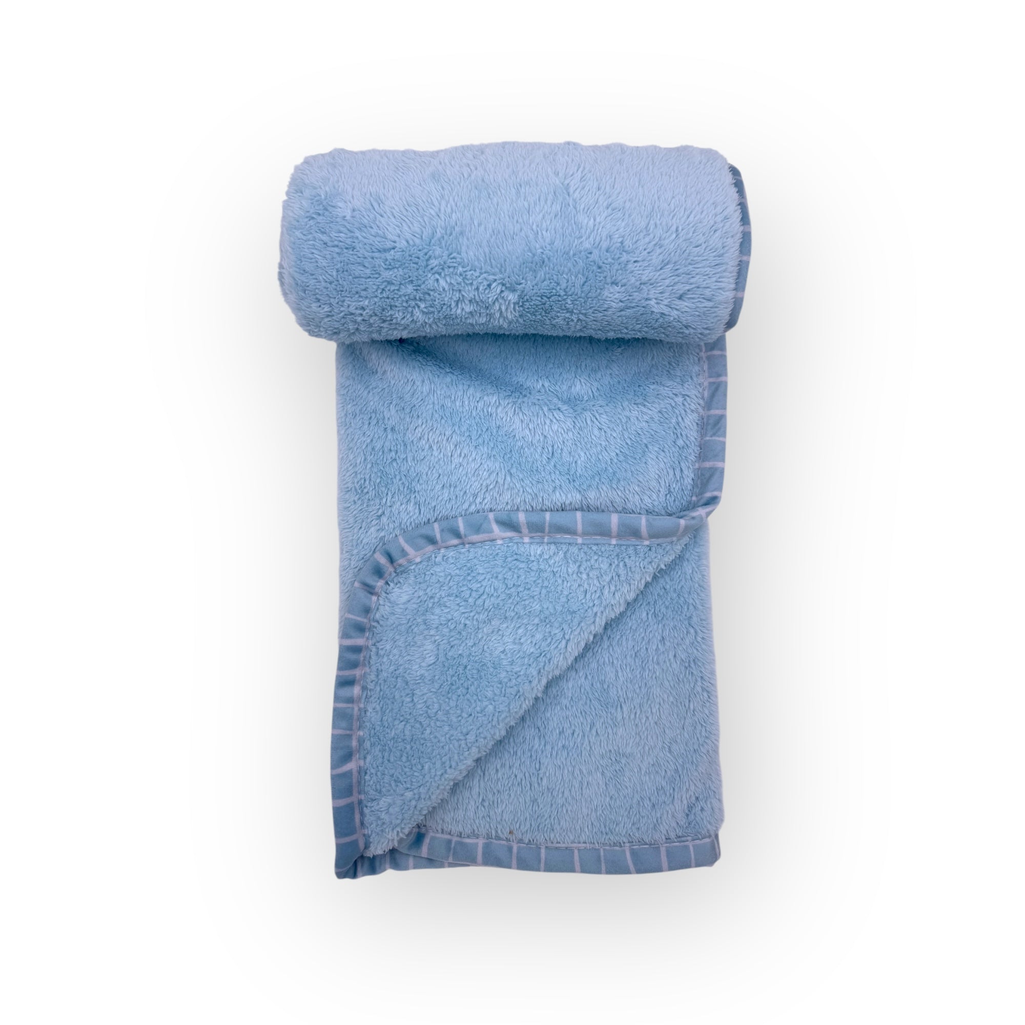 Rolled-up blue towel on a white background