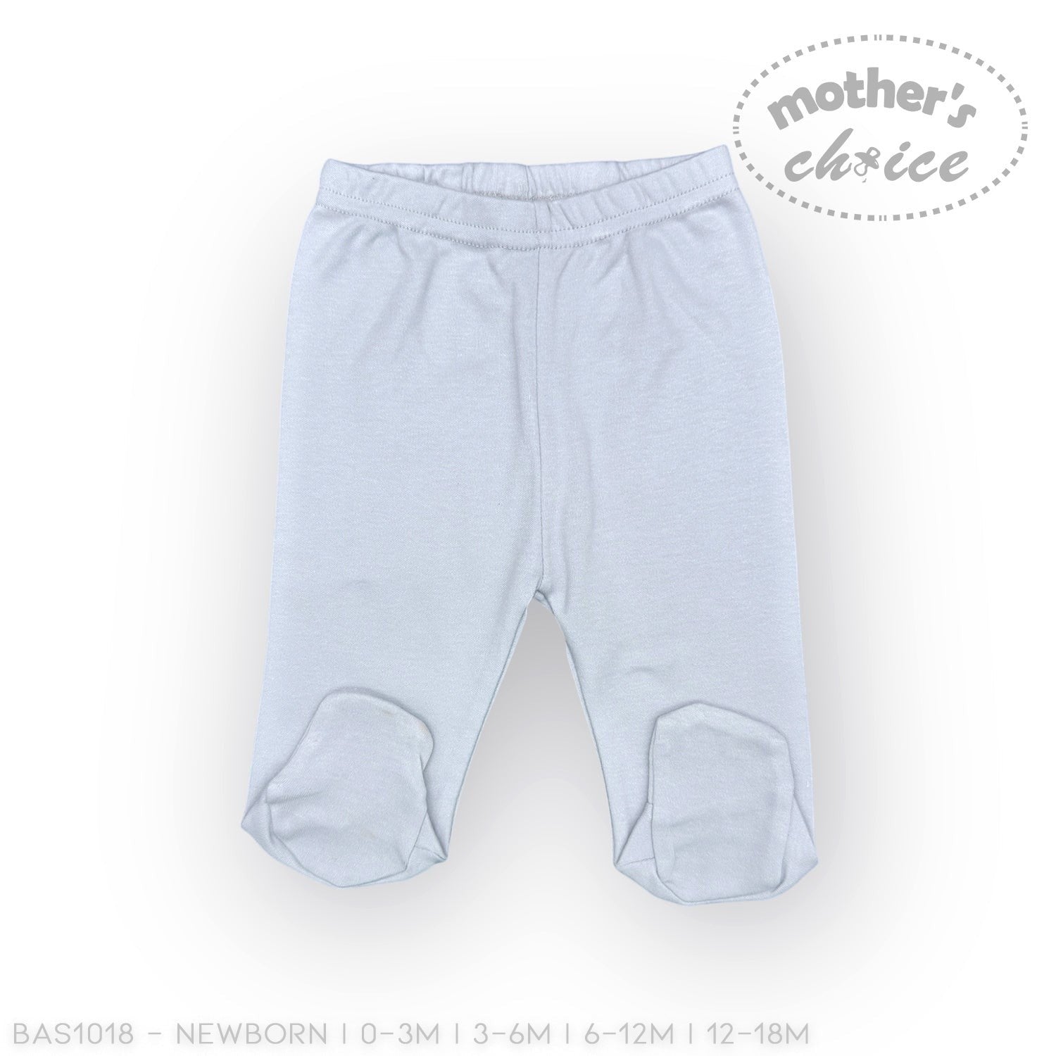 Light blue baby pants with footies on a white background, branded 'Mother's Choice'.