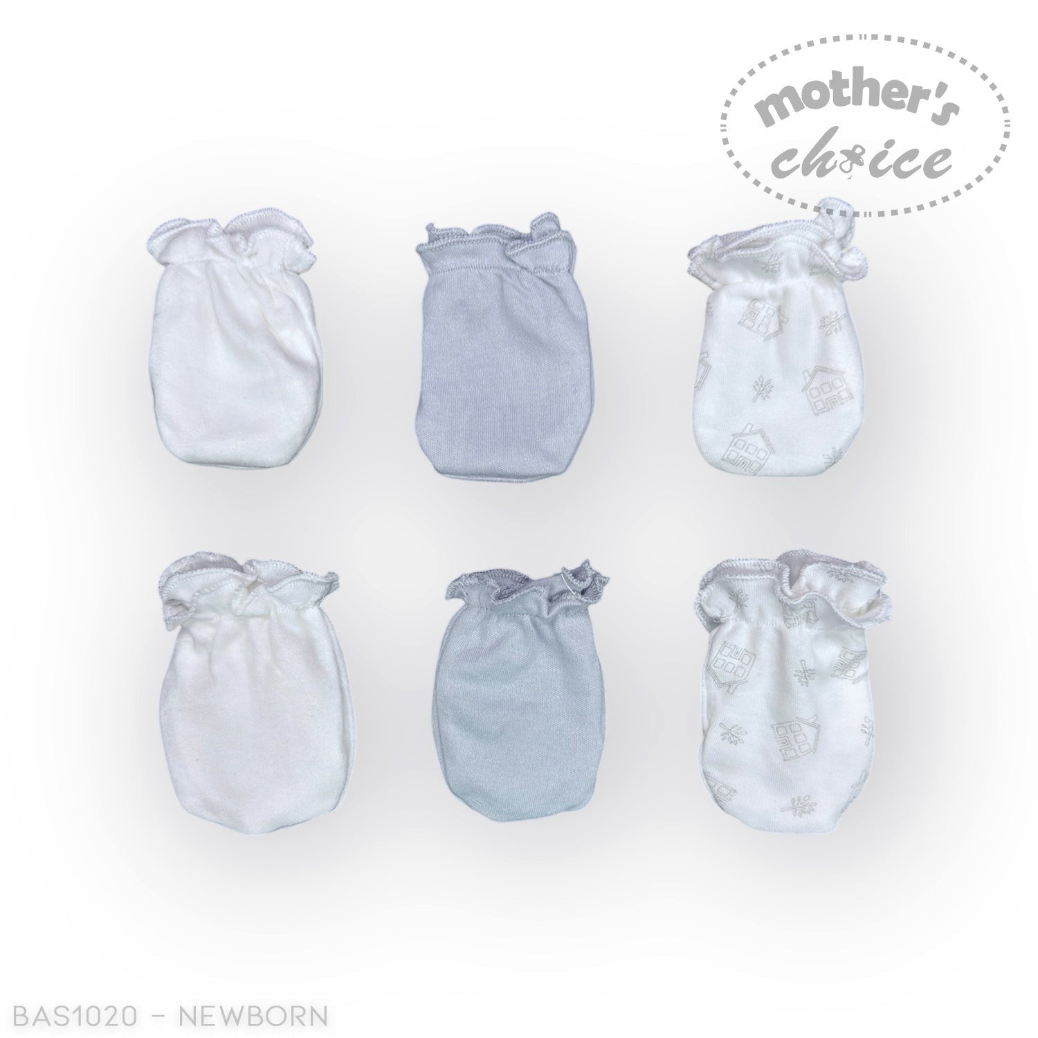 Set of six baby booties in various shades of blue on a white background with 'Mother's Choice' branding.