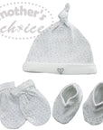 Baby hat, mittens, and booties set with 'mother's choice' branding on a white background