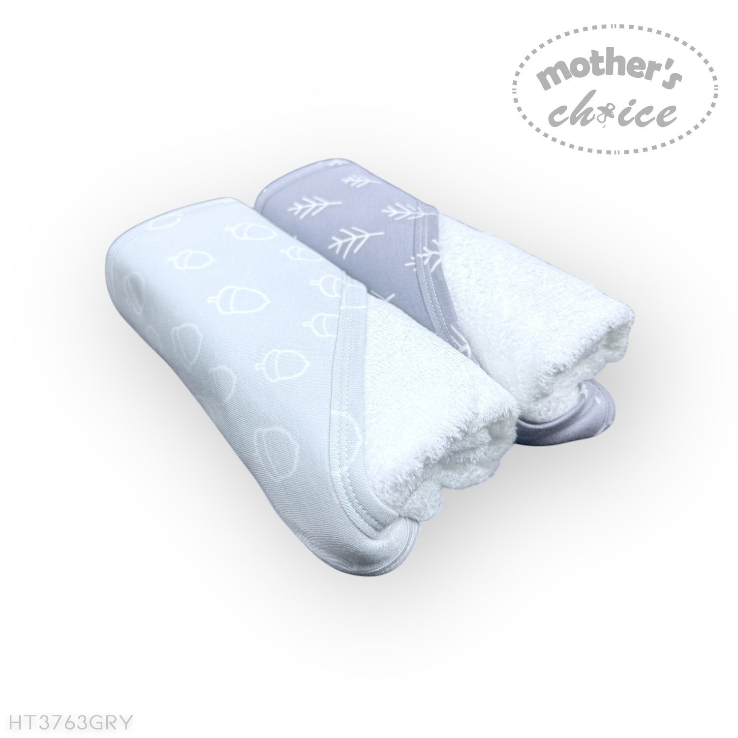 Two light blue towels with a subtle pattern on a white background, branded 'Mother's Choice'.